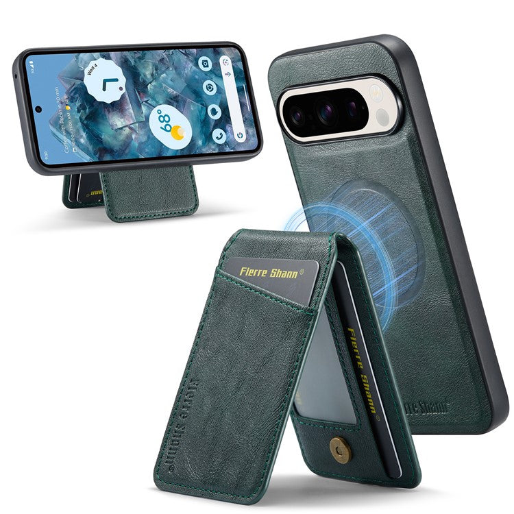 FIERRE SHANN 025 Style For Google Pixel 9 Pro XL Case Leather+TPU Detachable Card Slots Phone Cover - Green