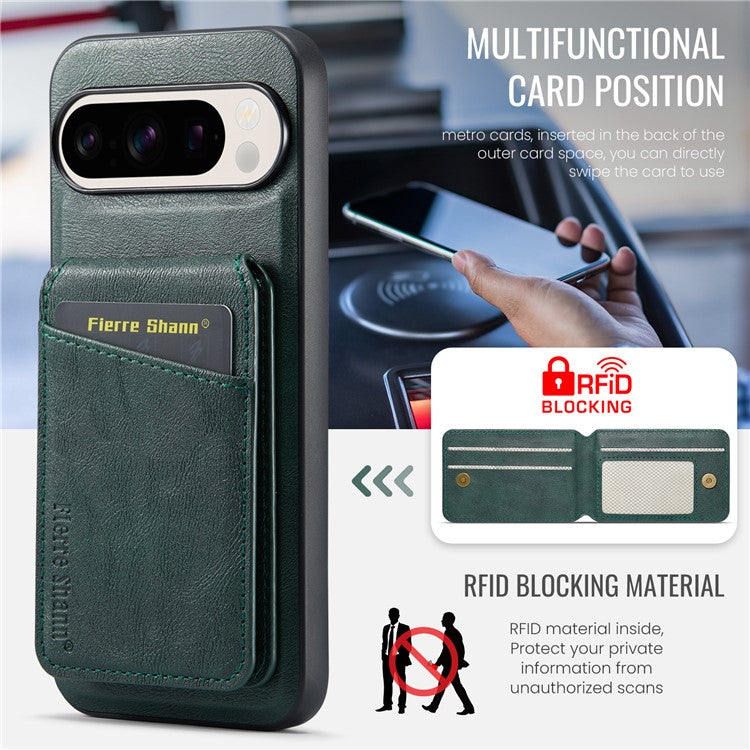 FIERRE SHANN 025 Style For Google Pixel 9 Pro XL Case Leather+TPU Detachable Card Slots Phone Cover - Green