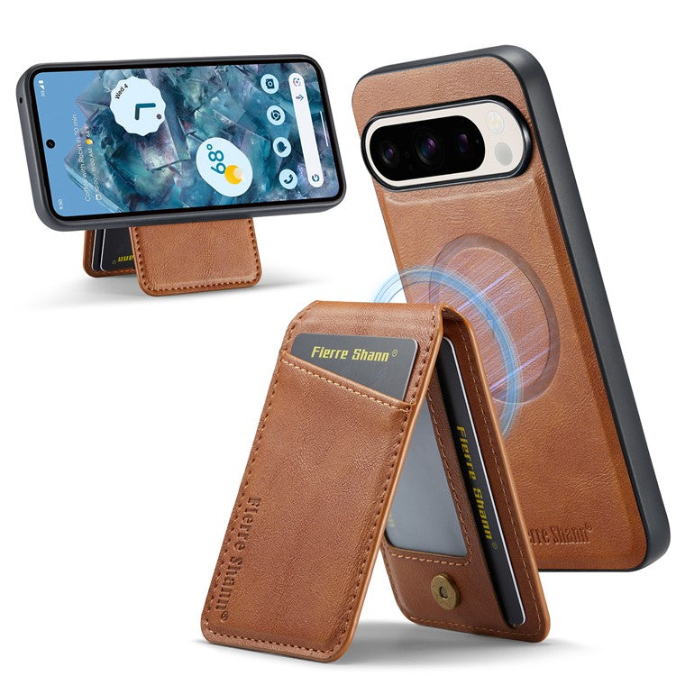 FIERRE SHANN 025 Style For Google Pixel 9 Pro XL Case Leather+TPU Detachable Card Slots Phone Cover - Brown