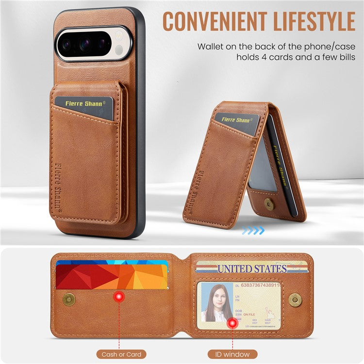 FIERRE SHANN 025 Style For Google Pixel 9 Pro XL Case Leather+TPU Detachable Card Slots Phone Cover - Brown
