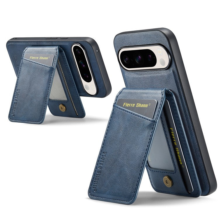 FIERRE SHANN 025 Style For Google Pixel 9 Pro XL Case Leather+TPU Detachable Card Slots Phone Cover - Blue
