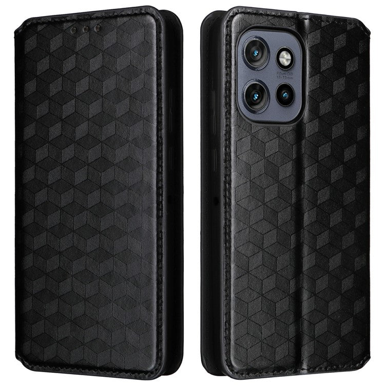 For Motorola Thinkphone 25 5G / Edge 50 Neo 5G / Moto S50 5G Wallet Case Rhombus Imprinted Leather Phone Cover - Black