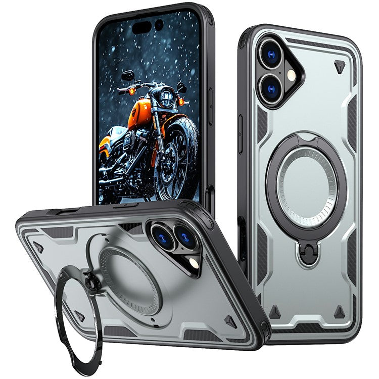 For iPhone 16 Case Compatible with MagSafe Military Protection PC+TPU Kickstand Phone Cover - Grey