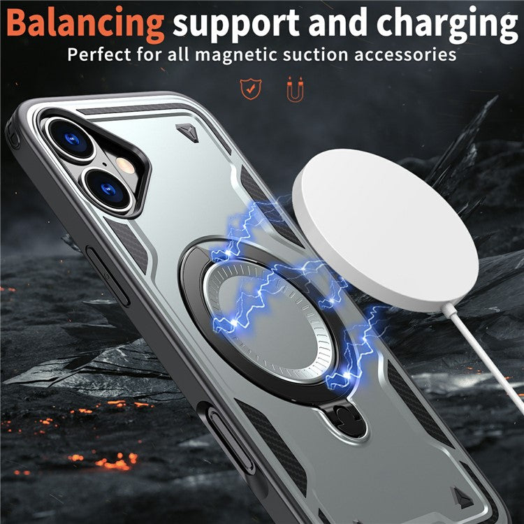 For iPhone 16 Case Compatible with MagSafe Military Protection PC+TPU Kickstand Phone Cover - Grey