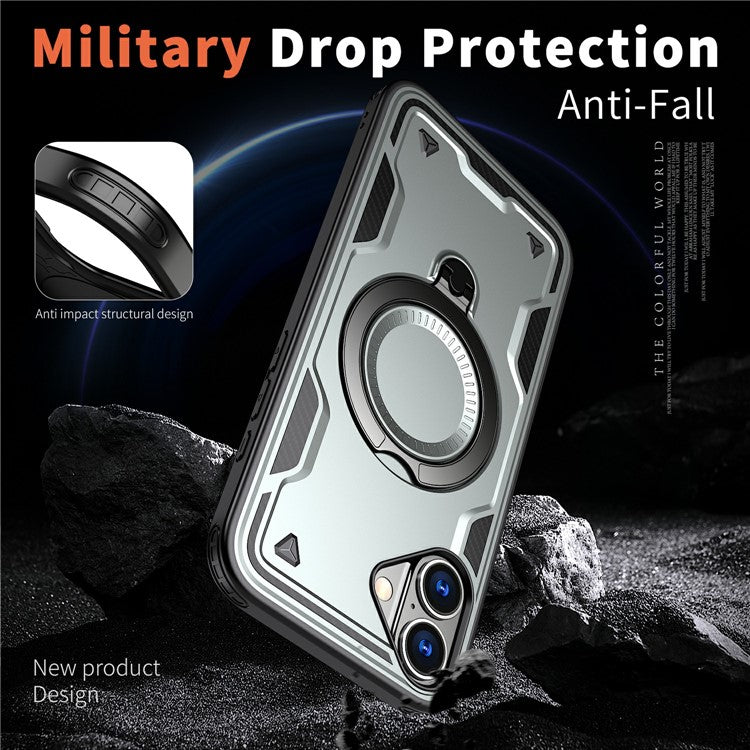 For iPhone 16 Case Compatible with MagSafe Military Protection PC+TPU Kickstand Phone Cover - Grey