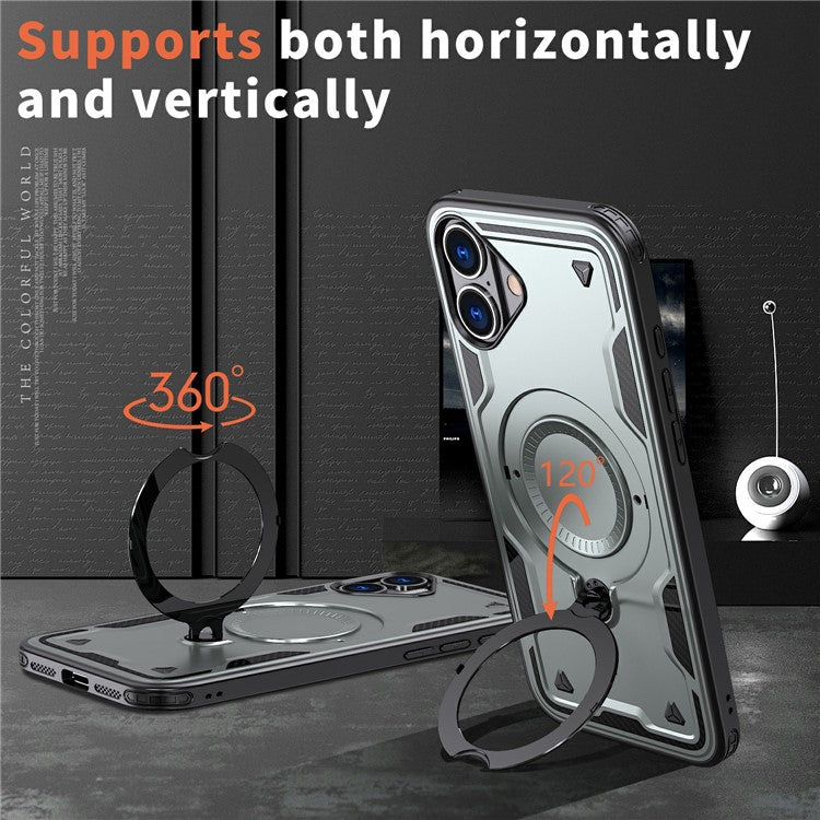 For iPhone 16 Case Compatible with MagSafe Military Protection PC+TPU Kickstand Phone Cover - Grey