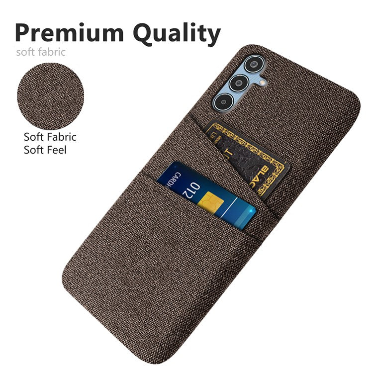 For Samsung Galaxy M35 5G Case Cloth + Hard PC Phone Cover with Dual Card Slots - Brown