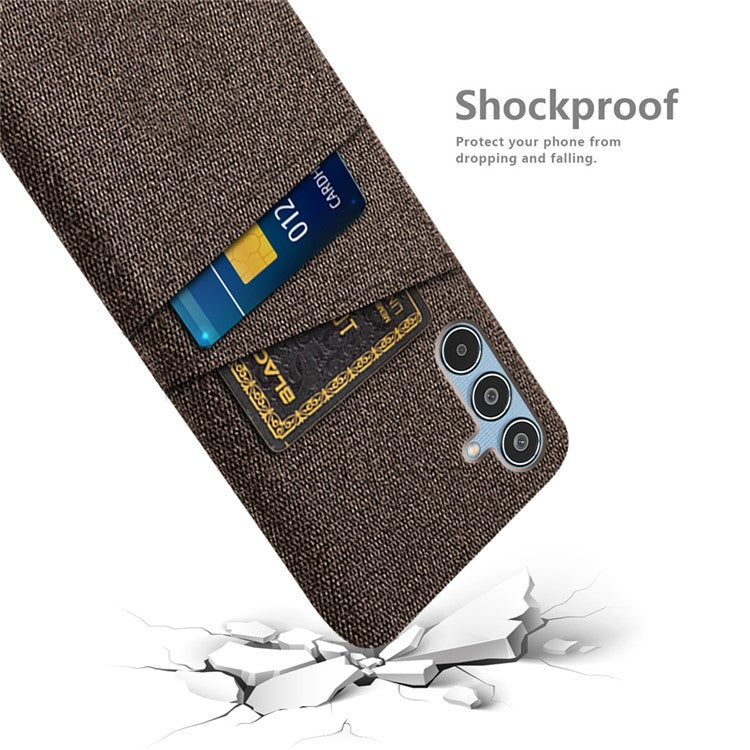 For Samsung Galaxy M35 5G Case Cloth + Hard PC Phone Cover with Dual Card Slots - Brown