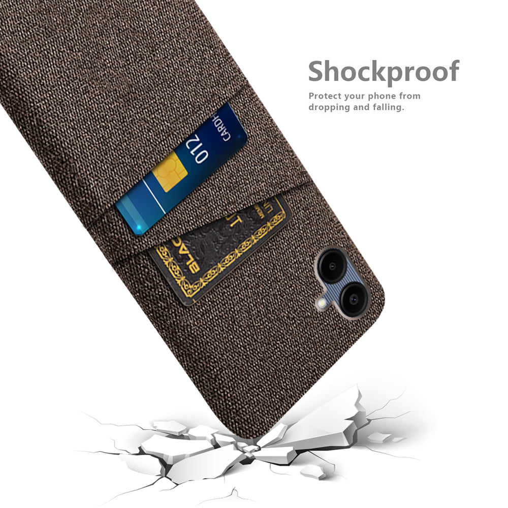 For Samsung Galaxy A06 Case Cloth + Hard PC Phone Cover with Dual Card Slots - Brown