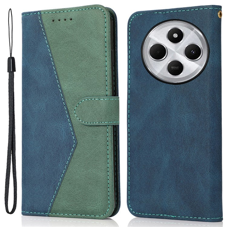 For Xiaomi Poco C75 4G / Redmi 14R 5G / 14C 4G Cover Color Splicing Wallet Stand Leather Phone Case with Wrist Strap - Blue+Green