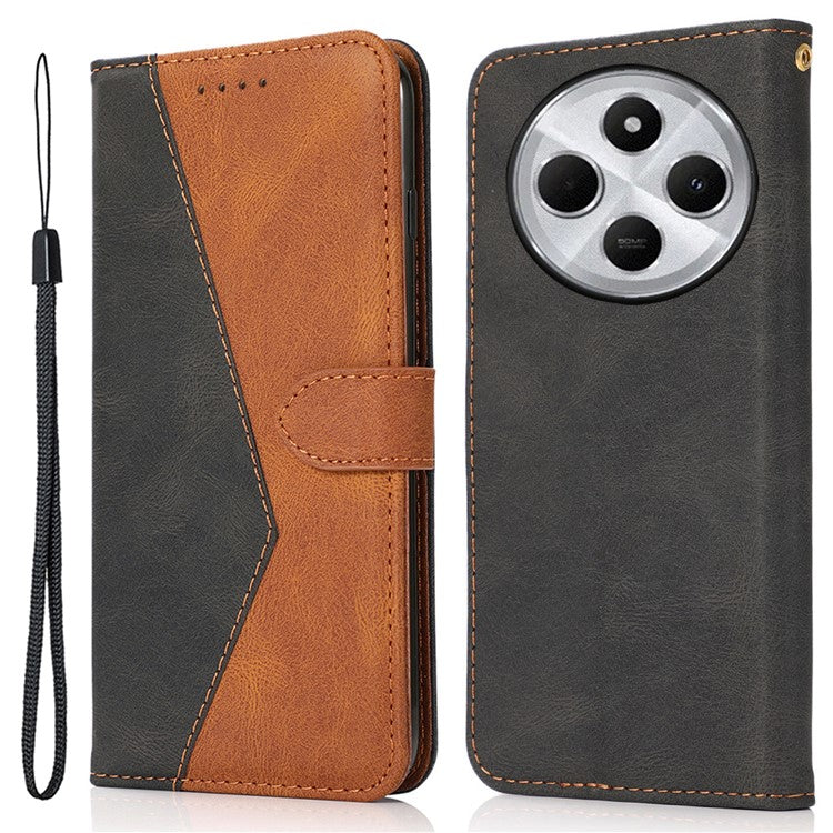 For Xiaomi Poco C75 4G / Redmi 14R 5G / 14C 4G Cover Color Splicing Wallet Stand Leather Phone Case with Wrist Strap - Black+Brown