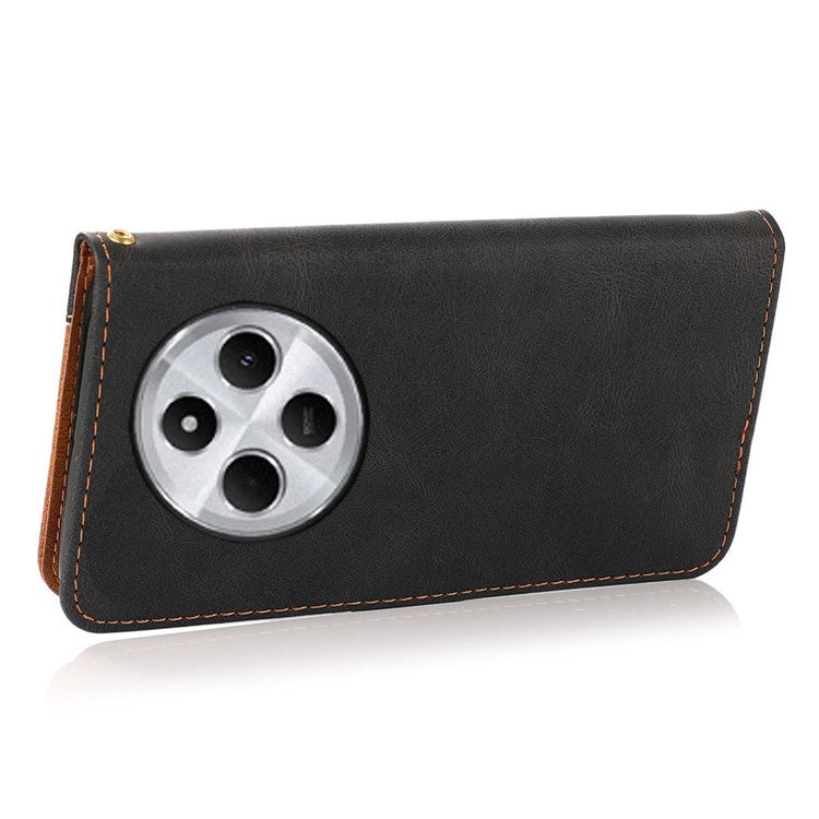 For Xiaomi Poco C75 4G / Redmi 14R 5G / 14C 4G Cover Color Splicing Wallet Stand Leather Phone Case with Wrist Strap - Black+Brown