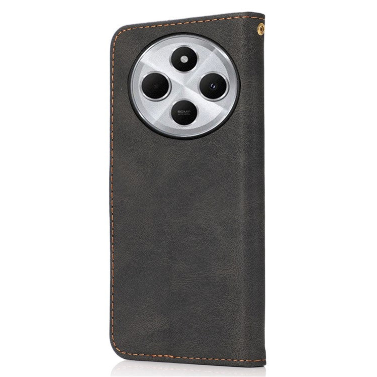 For Xiaomi Poco C75 4G / Redmi 14R 5G / 14C 4G Cover Color Splicing Wallet Stand Leather Phone Case with Wrist Strap - Black+Brown