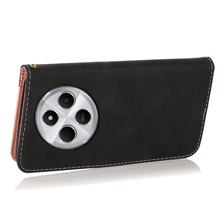 For Xiaomi Poco C75 4G / Redmi 14R 5G / 14C 4G Cover Color Splicing Wallet Stand Leather Phone Case with Wrist Strap - Black+Rose Gold