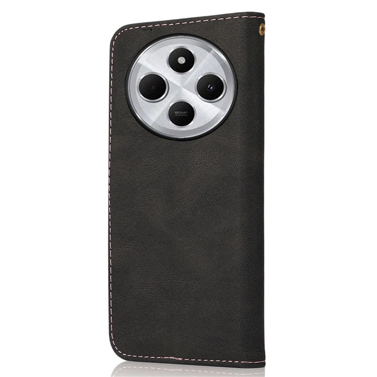 For Xiaomi Poco C75 4G / Redmi 14R 5G / 14C 4G Cover Color Splicing Wallet Stand Leather Phone Case with Wrist Strap - Black+Rose Gold