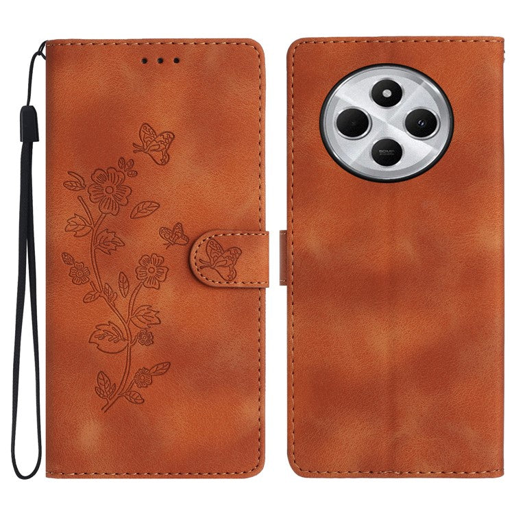 For Xiaomi Poco C75 4G / Redmi 14R 5G / 14C 4G Case Leather Imprinted Flower Phone Cover Wallet with Wrist Strap - Brown