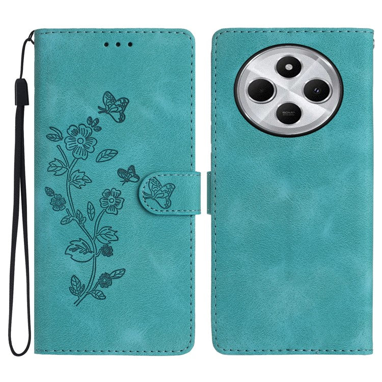 For Xiaomi Poco C75 4G / Redmi 14R 5G / 14C 4G Case Leather Imprinted Flower Phone Cover Wallet with Wrist Strap - Sky Blue
