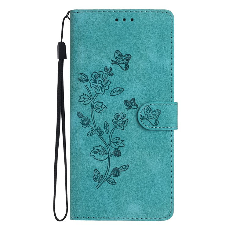 For Xiaomi Poco C75 4G / Redmi 14R 5G / 14C 4G Case Leather Imprinted Flower Phone Cover Wallet with Wrist Strap - Sky Blue