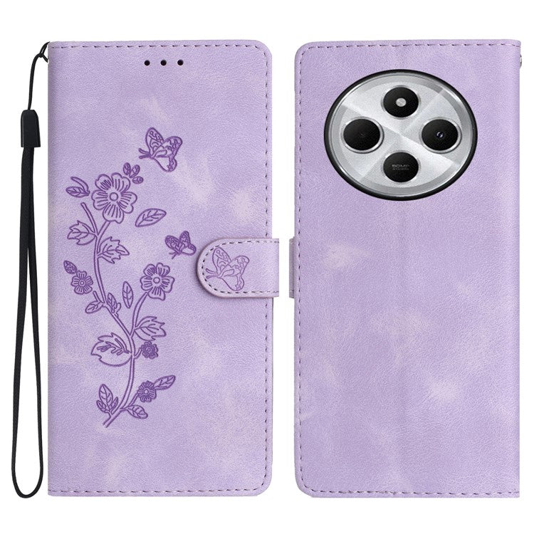 For Xiaomi Poco C75 4G / Redmi 14R 5G / 14C 4G Case Leather Imprinted Flower Phone Cover Wallet with Wrist Strap - Purple