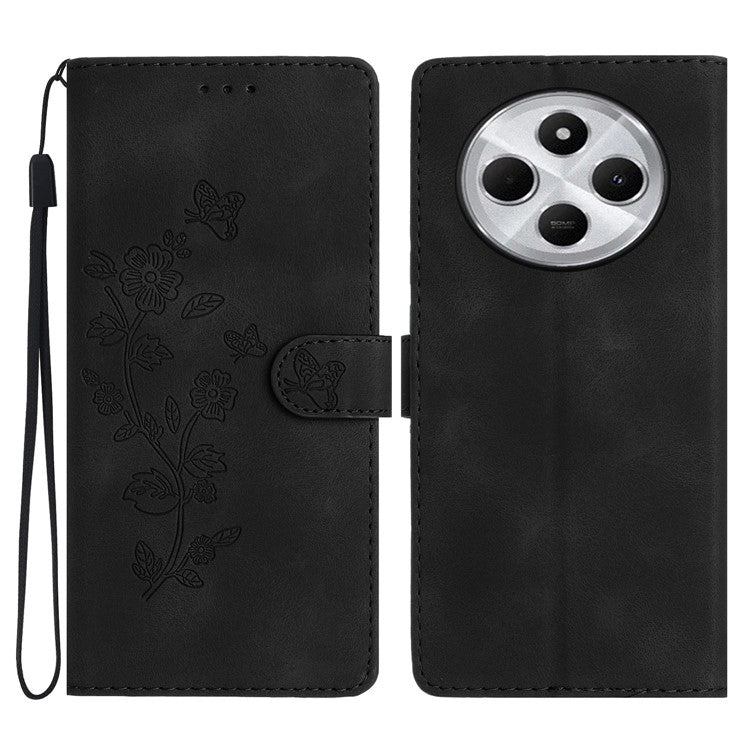 For Xiaomi Poco C75 4G / Redmi 14R 5G / 14C 4G Case Leather Imprinted Flower Phone Cover Wallet with Wrist Strap - Black