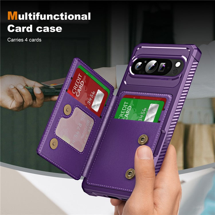 For Google Pixel 9 / Pixel 9 Pro Case Card Slot Kickstand Leather+TPU Reinforced Corner Phone Cover - Purple