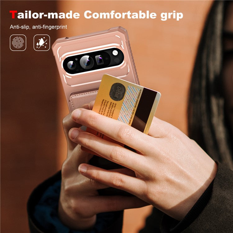 For Google Pixel 9 / Pixel 9 Pro Case Card Slot Kickstand Leather+TPU Reinforced Corner Phone Cover - Rose Gold