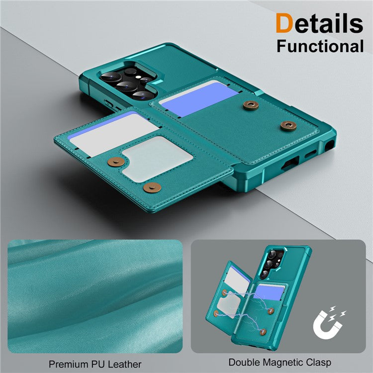 For Samsung Galaxy S24 Ultra Case Card Slot Kickstand Leather+TPU Reinforced Corner Phone Cover - Green