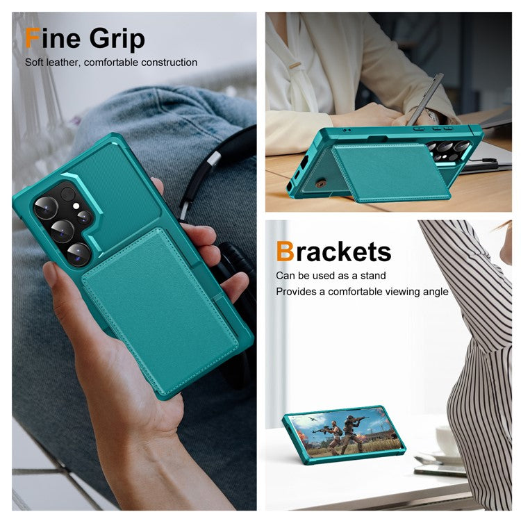 For Samsung Galaxy S24 Ultra Case Card Slot Kickstand Leather+TPU Reinforced Corner Phone Cover - Green