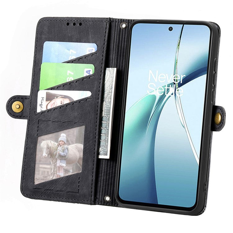For OnePlus Nord CE4 Lite 5G / Oppo K12x 5G (China) Case Zipper Wallet Geometry Lines Leather Phone Cover - Black