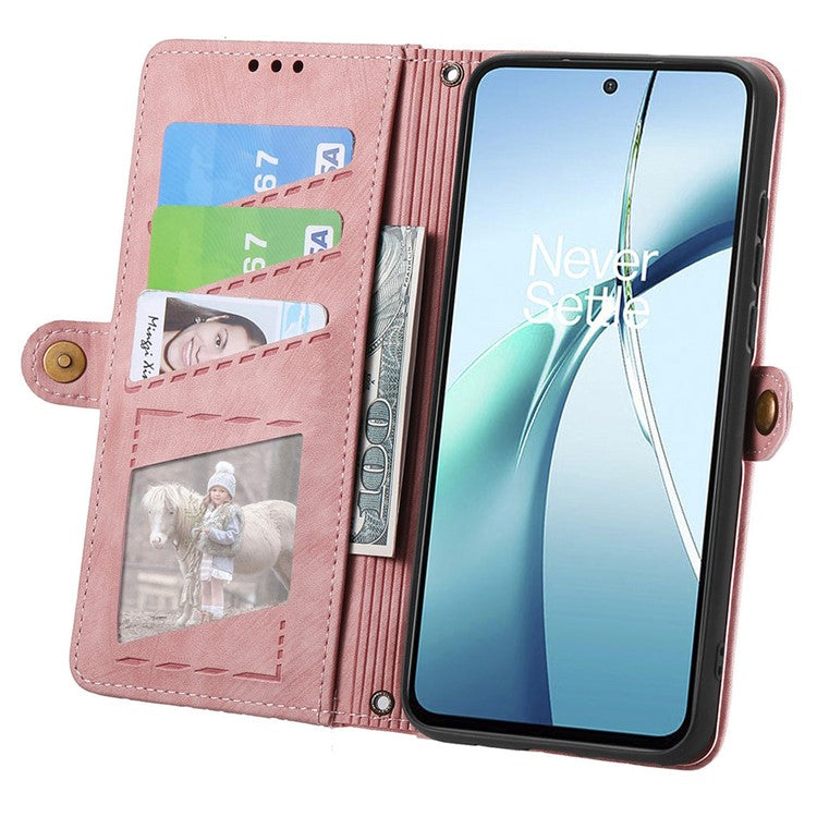 For OnePlus Nord CE4 Lite 5G / Oppo K12x 5G (China) Case Zipper Wallet Geometry Lines Leather Phone Cover - Pink