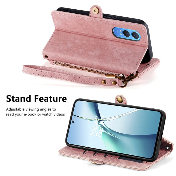 For OnePlus Nord CE4 Lite 5G / Oppo K12x 5G (China) Case Zipper Wallet Geometry Lines Leather Phone Cover - Pink