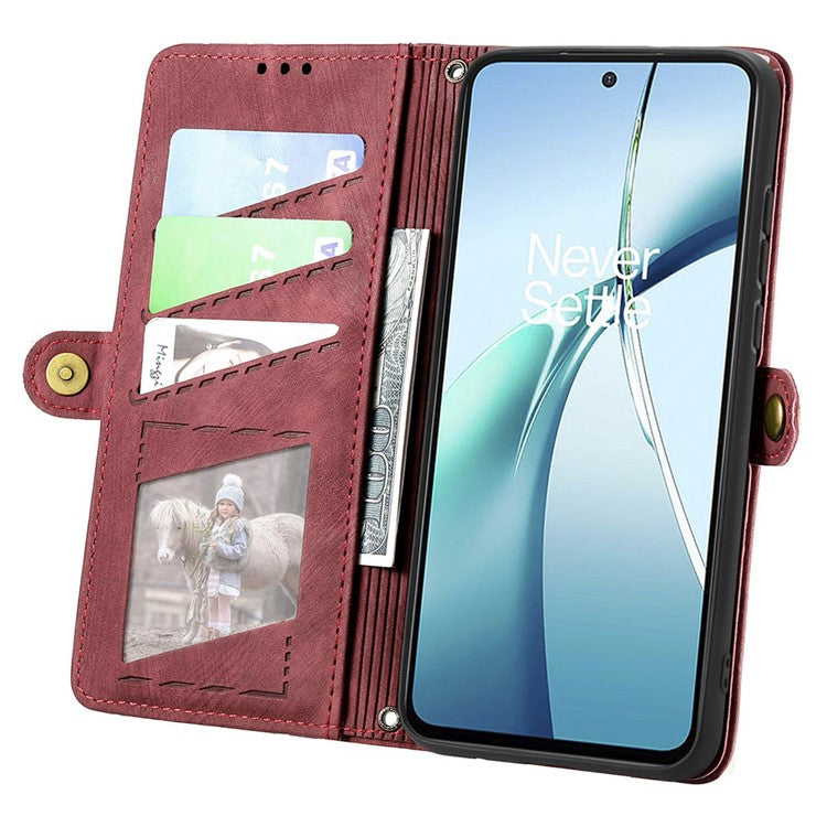 For OnePlus Nord CE4 Lite 5G / Oppo K12x 5G (China) Case Zipper Wallet Geometry Lines Leather Phone Cover - Red