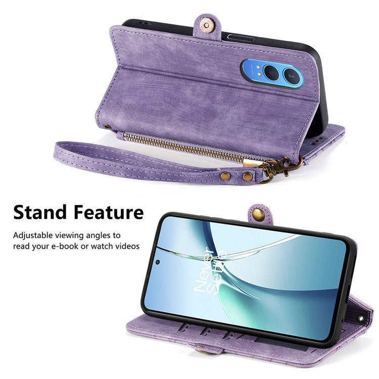 For OnePlus Nord CE4 Lite 5G / Oppo K12x 5G (China) Case Zipper Wallet Geometry Lines Leather Phone Cover - Light Purple