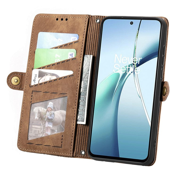 For OnePlus Nord CE4 Lite 5G / Oppo K12x 5G (China) Case Zipper Wallet Geometry Lines Leather Phone Cover - Brown