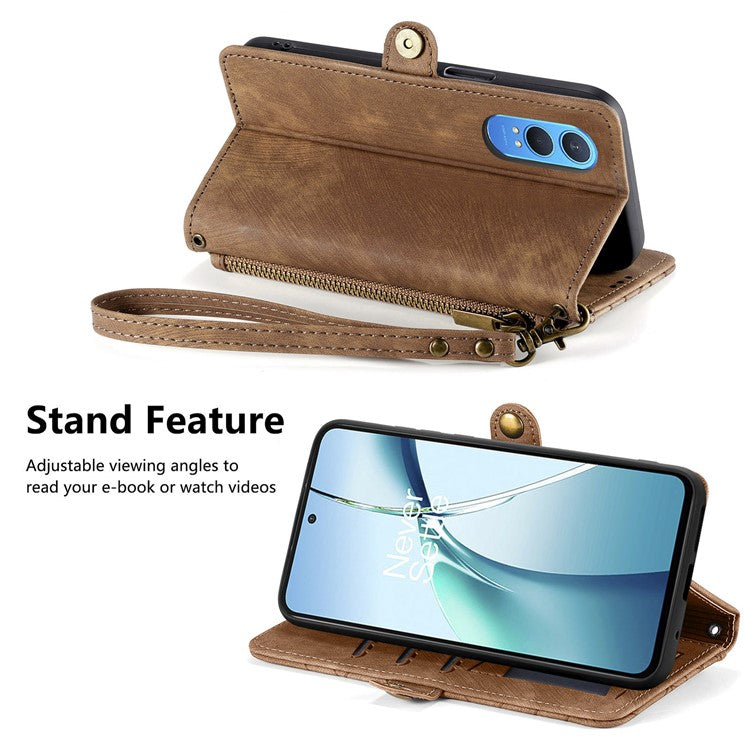 For OnePlus Nord CE4 Lite 5G / Oppo K12x 5G (China) Case Zipper Wallet Geometry Lines Leather Phone Cover - Brown