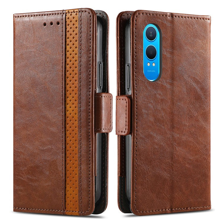 CASENEO 002 Series For OnePlus Nord CE4 Lite 5G / Oppo K12x 5G (China) Case Stand Wallet Splicing PU Leather Cover - Dark Brown