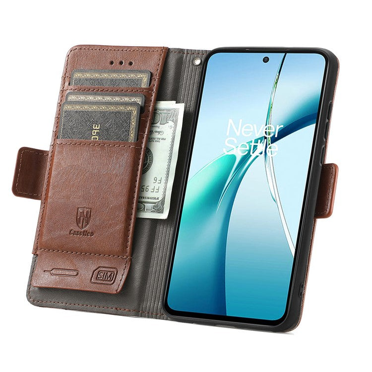 CASENEO 002 Series For OnePlus Nord CE4 Lite 5G / Oppo K12x 5G (China) Case Stand Wallet Splicing PU Leather Cover - Dark Brown