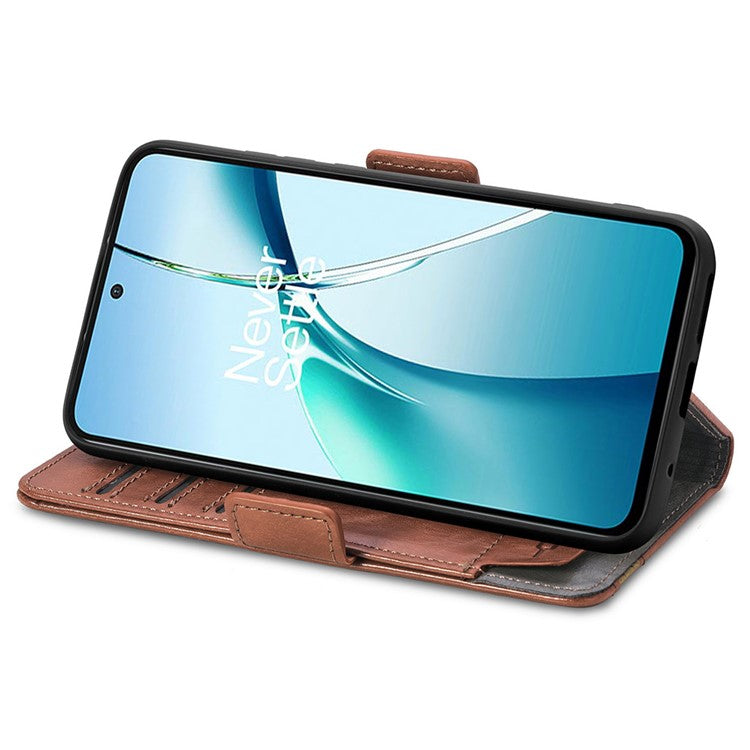 CASENEO 002 Series For OnePlus Nord CE4 Lite 5G / Oppo K12x 5G (China) Case Stand Wallet Splicing PU Leather Cover - Dark Brown