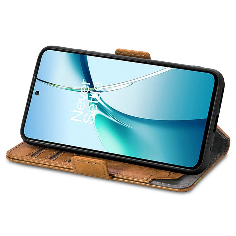 CASENEO 002 Series For OnePlus Nord CE4 Lite 5G / Oppo K12x 5G (China) Case Stand Wallet Splicing PU Leather Cover - Light Brown