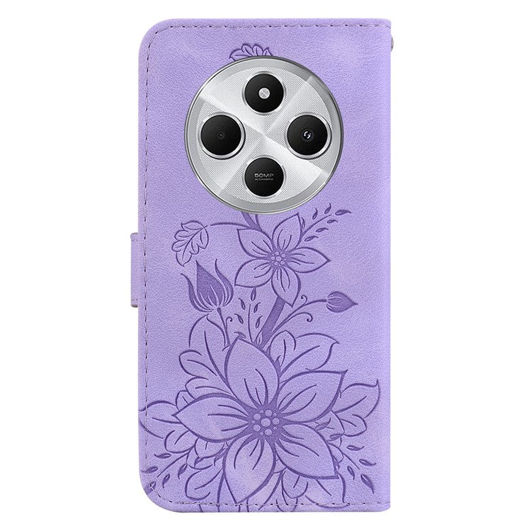 For Xiaomi Poco C75 4G / Redmi 14R 5G / 14C 4G Case Lily Flower Imprint Leather Phone Cover with Stand - Purple
