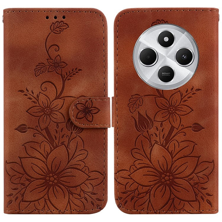 For Xiaomi Poco C75 4G / Redmi 14R 5G / 14C 4G Case Lily Flower Imprint Leather Phone Cover with Stand - Brown