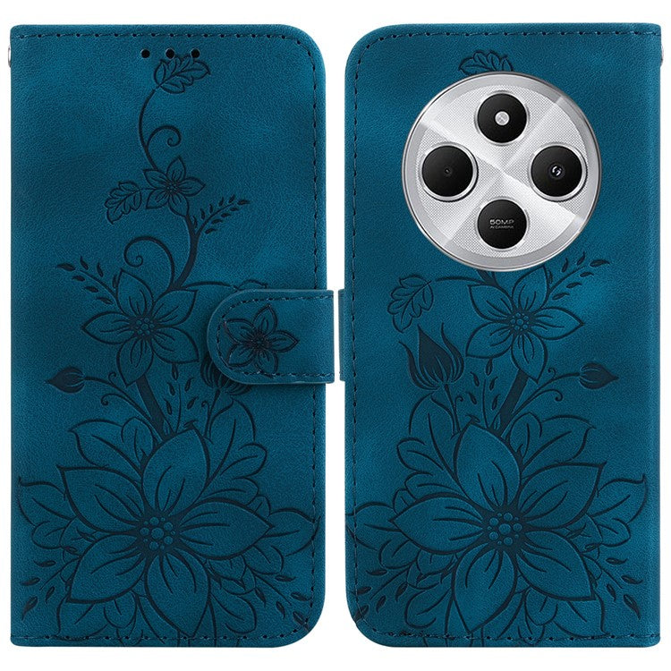 For Xiaomi Poco C75 4G / Redmi 14R 5G / 14C 4G Case Lily Flower Imprint Leather Phone Cover with Stand - Blue