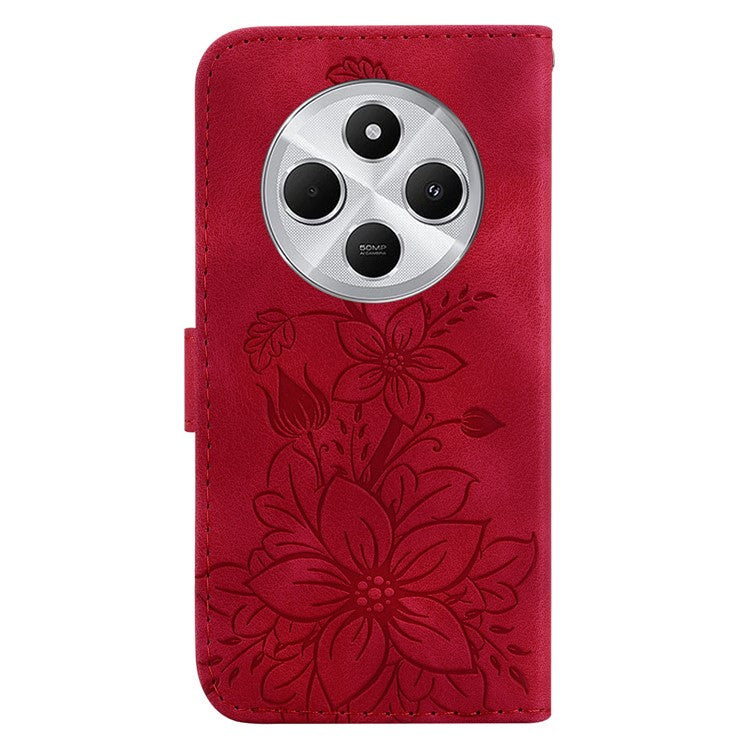 For Xiaomi Poco C75 4G / Redmi 14R 5G / 14C 4G Case Lily Flower Imprint Leather Phone Cover with Stand - Red