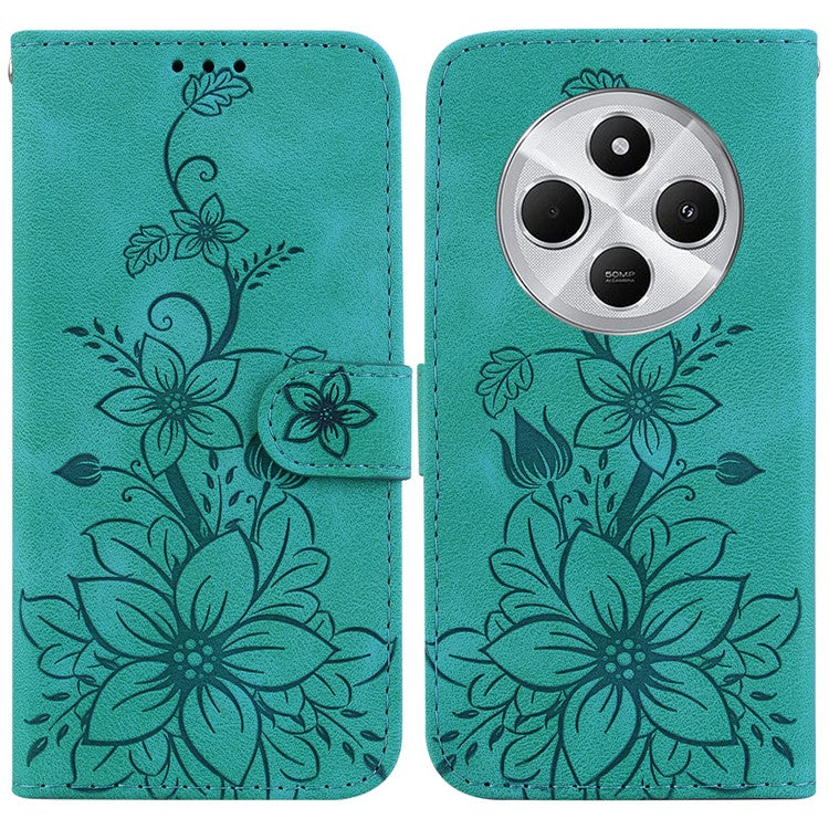 For Xiaomi Poco C75 4G / Redmi 14R 5G / 14C 4G Case Lily Flower Imprint Leather Phone Cover with Stand - Green