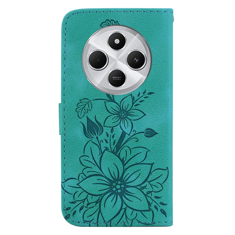 For Xiaomi Poco C75 4G / Redmi 14R 5G / 14C 4G Case Lily Flower Imprint Leather Phone Cover with Stand - Green