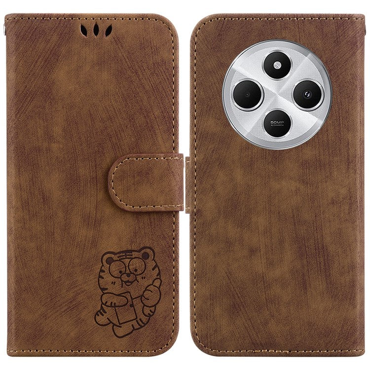 For Xiaomi Poco C75 4G / Redmi 14R 5G / 14C 4G Wallet Case Tiger Imprint Leather Shockproof Phone Cover - Brown