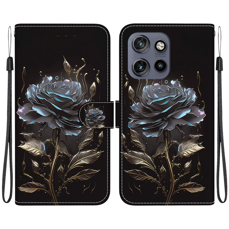 For Motorola Edge 50 Neo 5G / Moto S50 5G Wallet Phone Case Anti-Drop Leather Flip Cover Pattern Printing - Black Rose