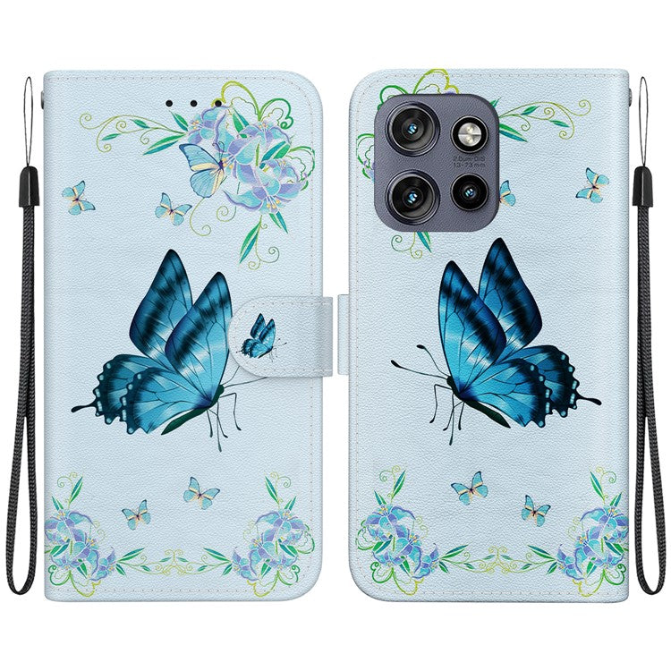 For Motorola Edge 50 Neo 5G / Moto S50 5G Wallet Phone Case Anti-Drop Leather Flip Cover Pattern Printing - Blue Butterfly Flower