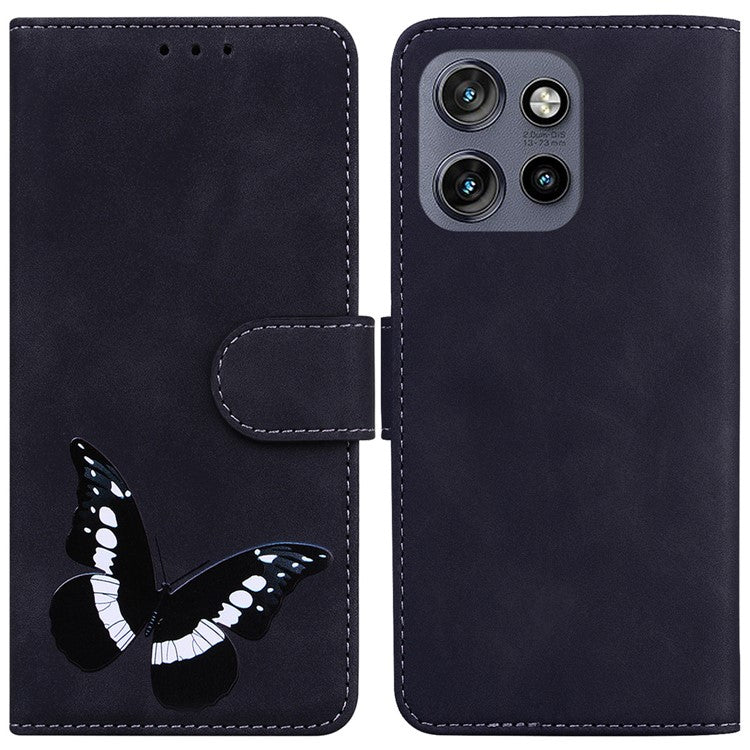 For Motorola Edge 50 Neo 5G / Moto S50 5G Stand Case PU Leather Phone Cover Butterfly Printed - Black