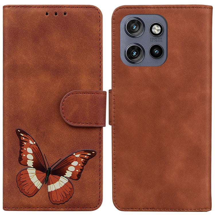 For Motorola Edge 50 Neo 5G / Moto S50 5G Stand Case PU Leather Phone Cover Butterfly Printed - Brown